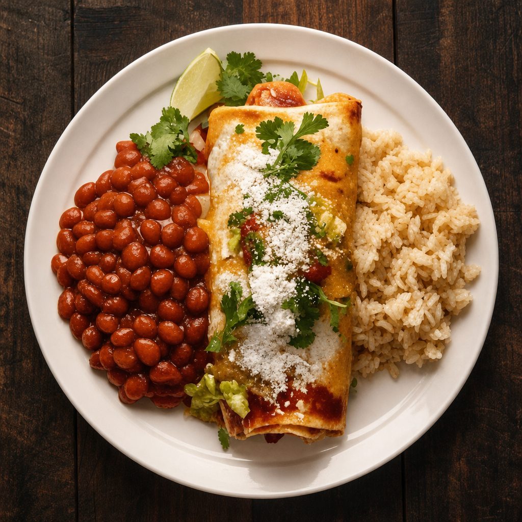 Cheese Enchilada with Rice and Beans.